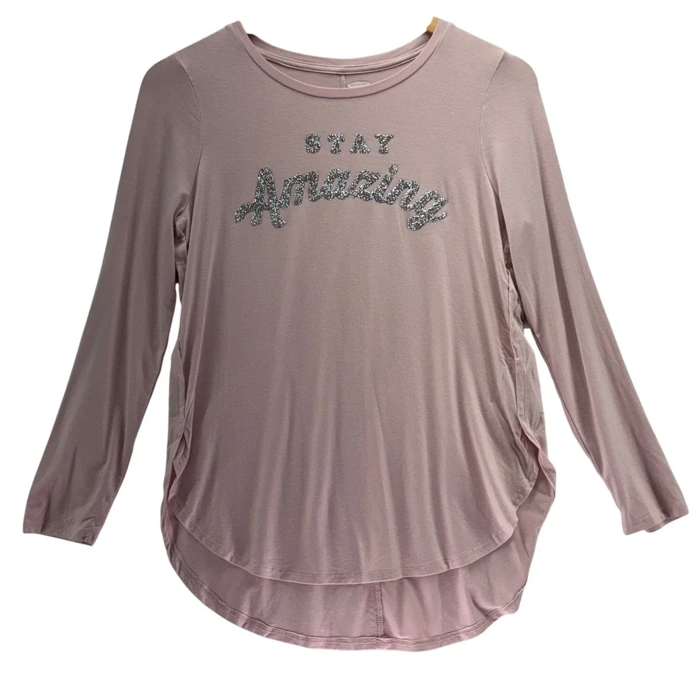 Old Navy Girls Size XL‎ 14 Pink Glitter Stay Amazing Graphic Long Sleeve Top